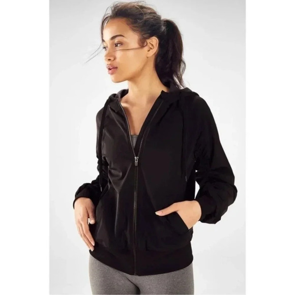 Moving Sale💘 Fabletics Jacket L Black Hooded Nylon Zip Up Long Sleeve Athletic - Picture 3 of 9